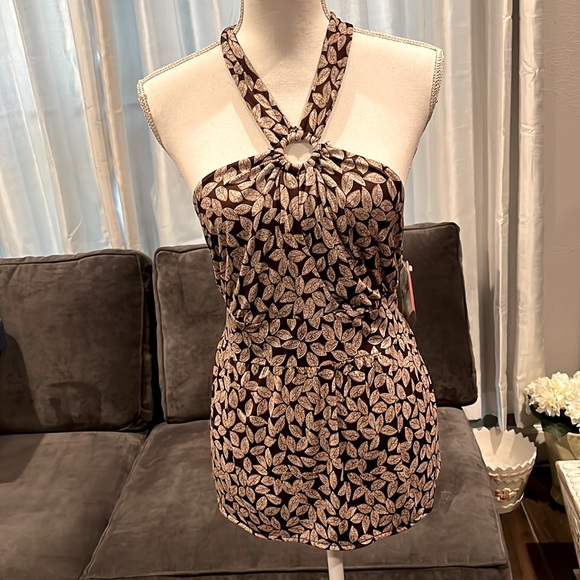 NWT Oscar de la Renta top. Size L Brown and Cream lead design ties around neck - Picture 8 of 15
